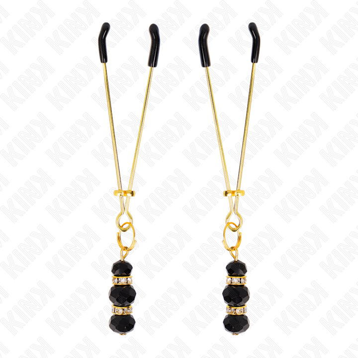 KINK - PINÇAS FINAS DOURADAS COM 3 CONTAS DE VIDRO PRETAS 7 CM