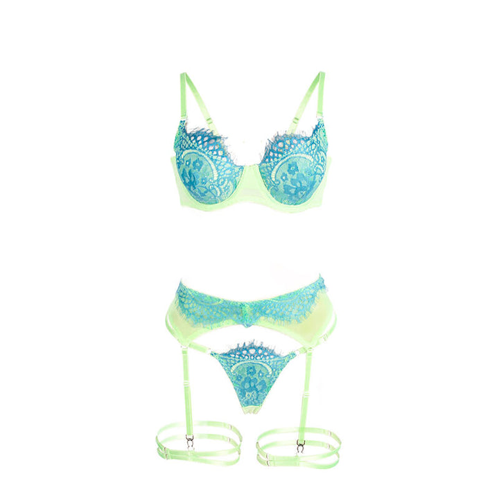 SUBBLIME - 955328 CONJUNTO DE SUTIÃ COM RENDA E LINHAS DE LIGA VERDE E AZUL L/XL
